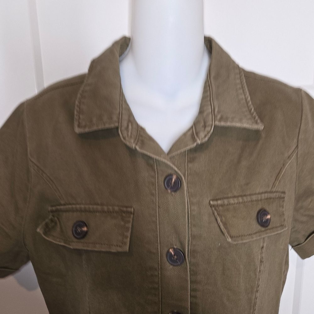 Haute Monde Anthro Denim Olive Green Utility Coveralls Jumpsuit Size Large - Picture 5 of 12
